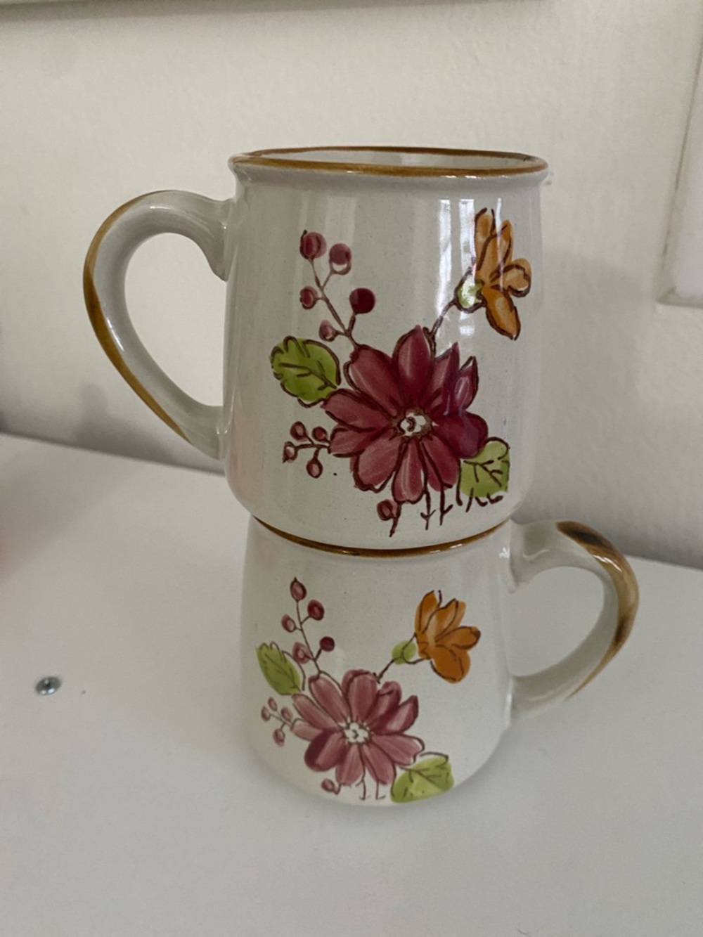 Pair Of Vintage Casualstone Korea 701 Hand-Painted Coffee Mugs